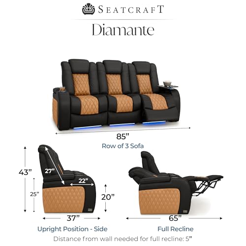 Image of Seatcraft Diamante Black /Tan Oak Italian Leather Home Theater Seating, Zero Gravity Power Recliner, Gaming and Home Office Chair, Powered Headrest Furniture for Family Cinema Room, Row of 3 Sofa