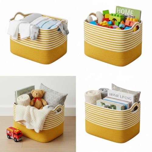 Image of Large Storage Basket, Woven Blanket Basket, Toy Basket with Handle, Laundry Hamper for Living Room, Nursery, Bedroom- 20x15x12 (LXWXH) (musted yellow mix)