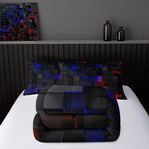 Image of Nttopship Neon Blue and Red Black Comforter Set Full Geometric Kids Bedding Set,3 PCS Geometry Honeycomb Modern Room Decor Quilt Set 1 Comforter 2 Pillow Cases All Season B-Side Black