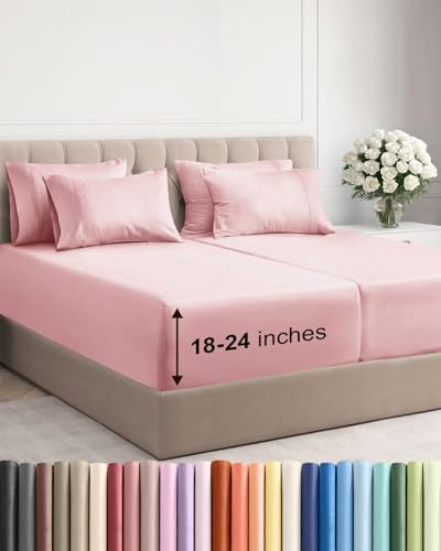 Image of Extra Deep Split King Sheet Set - 7 Piece Breathable and Cooling Sheets - Hotel Luxury Bedding for Women, Men, Kids & Teens - Easy Secure Fit - Soft and Wrinkle Free - Extra Deep Pockets - Baby Pink