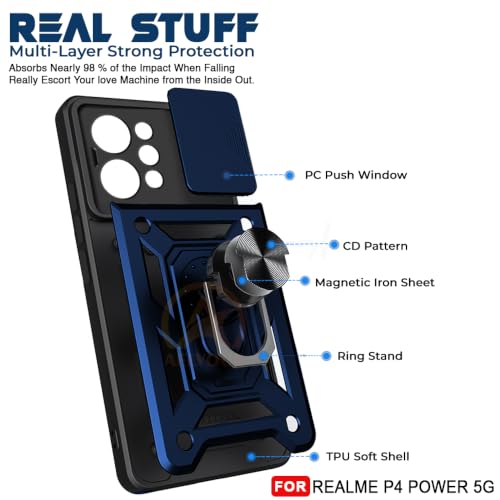 Image of Armor Bumper Back Cover Case for Realme P4 Power 5G | Rotating Camera Cover, Ring Holder & Kickstand | Heavy Duty & 360 Degree Protection Back Cover (Blue)