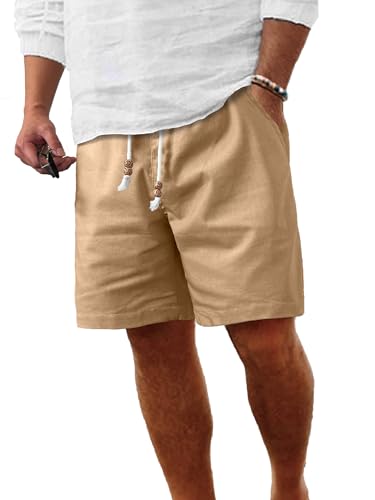 Image of Comdecevis Men's Linen Shorts Casual Elastic Waist Drawstring Summer Beach Vacation Yoga Golf Shorts with Pockets
