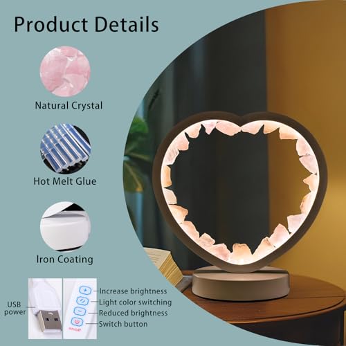 Image of Runyangshi Crystal Lamp Heart Shape Natural Rose Quartz Healing Night Light, Tri-Color USB Dimmable Bedside Ambient Lamp, Heart Chakra Feng Shui Decor Gift for Bedroom Sleep