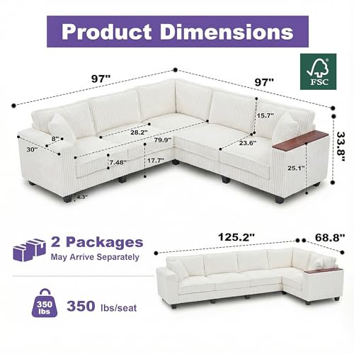 Image of 126 inch L Shaped Sectional Couch, Comfy Corduroy Sectional Couch, Modular Convertible V Shaped Couch, 5 Seat Corner Sofa with 2 Pillows & Storage Armrests for Living Room, Beige