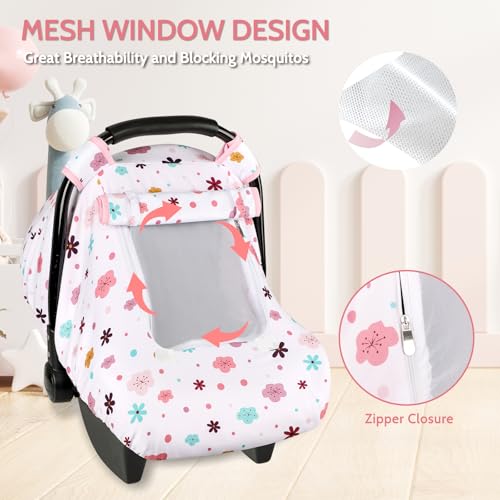 Image of Pea Pod Car Seat Cover Baby, Infant Car Seat Canopy Covers with 2 Layers Windows of Breathable Mesh Fabric, Lightweight Polyester, Soft Minky Dot Backing (Floral Pattern)