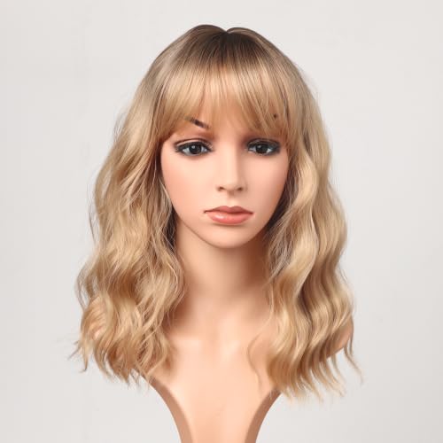 Blonde Wavy Wig with Bangs for Women Shoulder Length Synthetic Wigs Natural Wavy Blonde With Dark Brown Roots Wigs Heat Resistant for Daily Party Use