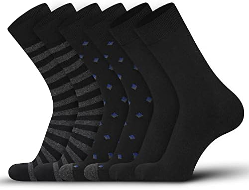 DarkCom Men's Patterned Dress, Black, Mixed Pattern Dress Socks, Stripes Speckled, Classic Cotton Polyester Socks, Reinforced, Cozy 6 Pack 10-12