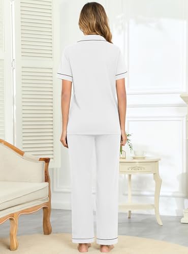 Image of Veseacky 100% Cotton Pajamas for Women Set Short Sleeve Button Down Sleepwear Soft 2 Piece Summer Pjs Lounge Sets S-XXL