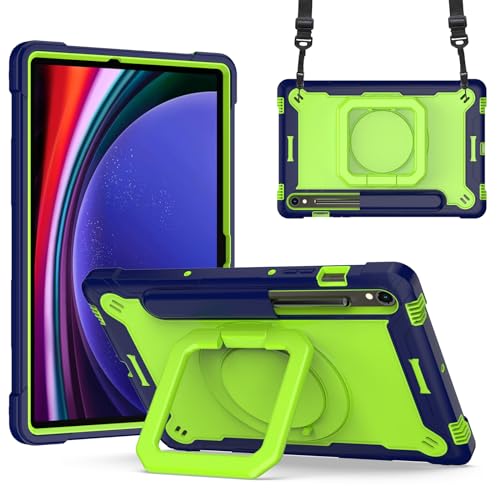 Dteck Case for Samsung Galaxy Tab S9 FE 10.9"/Tab S9 Case,360 Rotating Stable Kickstand Heavy Duty Drop-Proof Protection Case with S Pen Holder Shoulder Strap for Galaxy Tab S9 FE/S9 11",Navy+Green