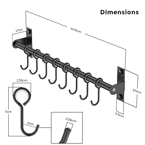 jopoo Stainless Steel Utensil Rack, Wall-Mounted Hanging Rail Rack with 8 Sliding Hooks, for Kitchen & Bathroom (Black) - Image 2