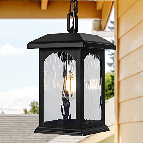 Outdoor Pendant Light Fixture, Adjustable Exterior Chandelier, Black Hanging Light, Porch Light With Temperate Rippled Glass, Modern Outside Hanging Lantern For Front Door, Gazebo, Patio, Anti-Rust #TOP6