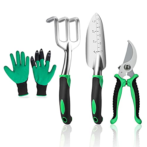 HASTHIP 4PCS Garden Tools Set Aluminum Heavy Duty Gardening Tools with Soft Rubberized Non-Slip Handle and Green Thumbs Hand Tools Garden Ergonomic Gardening Supply Gift for Starter Gardener