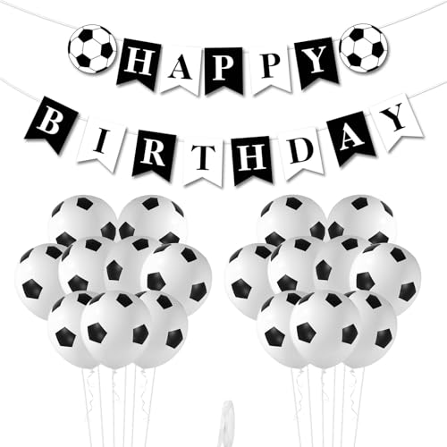 Football Happy Birthday Banner Decorations, 12 Inch Black and White Balloons, World Cup Party Kids Birthday Party, Football Sport Theme Party Supplies Decorations for Boys and Girls