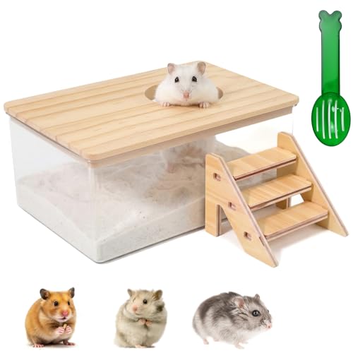 OLRWSLG Hamster Sand Bath Transparent Hamster Bath Container With Ladder Hamsters Sand Bathroom Hamsters Bathtub Small Animal Toilet Dig Box with Cleaning Scoop for Syrian Hamsteres Guinea Pig Rat