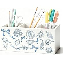 Blue Preppy Beach Pen Pencil Holder for Desk, Beach Office Decor, Coquette Blue Bow Coastal Seashell Beachy Wooden Box Sign Decorations for Girly Room Bedroom Dorm Office Desk Tabletop