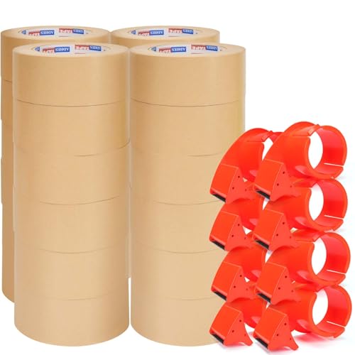 Image of ADHES Coated Kraft Packing Tape with Dispenser, 2 Inch x 55 Yards | Heavy Duty Water Resistant Kraft Paper Tape for Shipping, Moving, Packaging & Carton Sealing, 24 Rolls