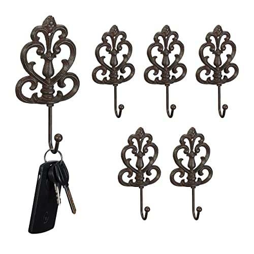 Relaxdays Perchero Unidades Ganchos de Pared Set 6 Hierro Fundido, Diseño Arabescos, Colgadores Individuales, Marrón, 17 x...