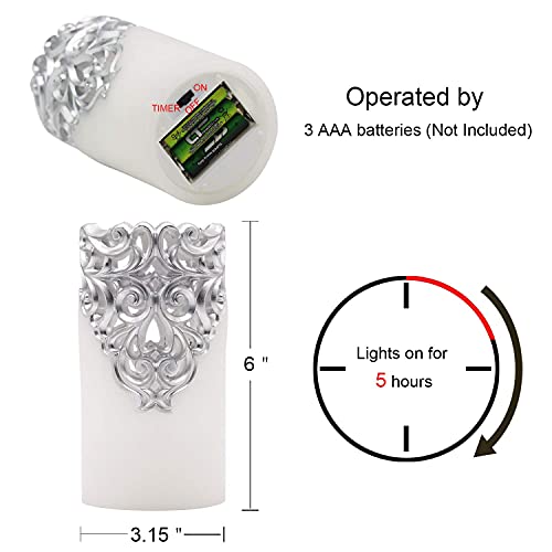 Dromance Hollow Silver Flameless Flickering Candles With 5H Timer, Battery Operated Led Pillar Candles Unscented Wax Warm Light Christmas Home Decoration(Set Of 2, 3 X 6 Inches) #TOP5