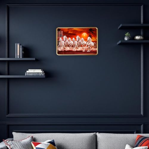 Image of Dharvika Innovations 7 Running Horses Photo Frame, Ultra High Gloss Lamination, Vastu Painting for Living Room, Office, 12x18 Inch (Design 12)