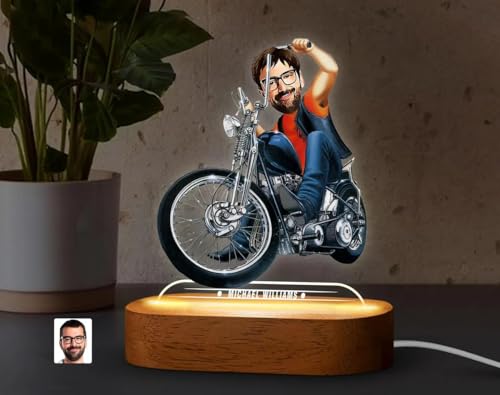 Image of THE GRANDEUR Personalized Caricature Gift for Men, Custom Bike Rider Cartoon LED Light with Wooden Stand - Acrylic Figurine, Unique Gift for Men & Him (15 x 6 cm)