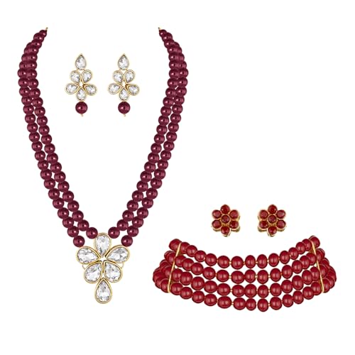 Image of Peora Crystal Faux Pearl Kundan Necklace & Jewellery Set Gift for Women