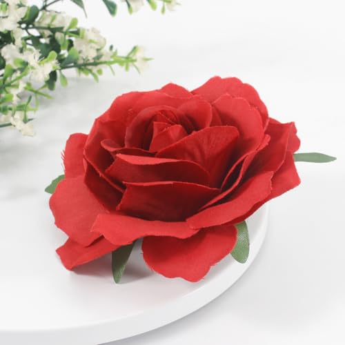 Image of 3.9 Inches Dark Red Rose Hair Clip Flower Brooches for Women | Elegant Design Valentines Flower Hair Pins for Women | Charming Lapel Brooch Pin Red Flowers Accessories | Valentines Day Gifts for Her