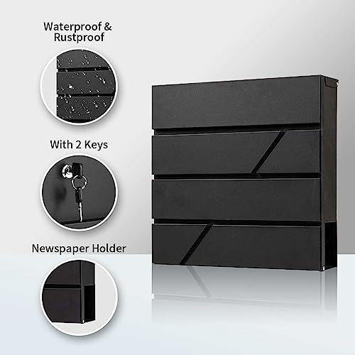 Image of Wall-Mount Mailbox with Lock and Keys, Locked Drop Box for House Outside, Security Steel Metal Mail Box with Newspaper Compartment, 14.57 x 14.57 x 4.33 Inch, Black, MD025 X-Large