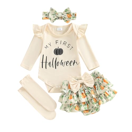 My First Halloween Baby Girl Outfit Long Sleeve Romper and Pumpkin Print Skirt 4Pcs Sets Halloween Baby Clothes