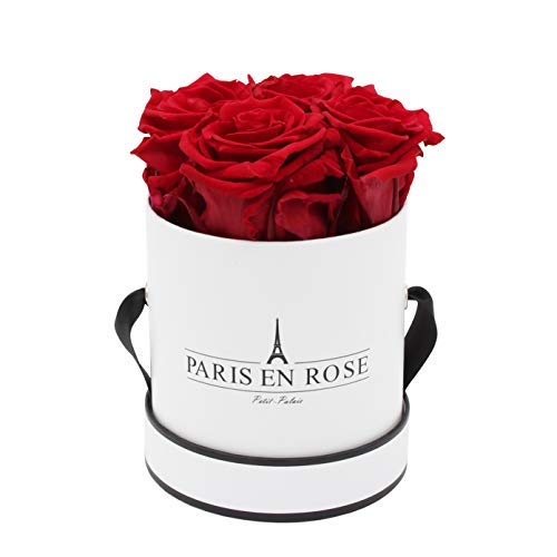 PARIS EN ROSE Rosenbox Petit Palais Bijou | 3 Jahre haltbar | Weiß-Schwarz mit bordeauxroten Infinity Rosen | Flowerbox mit 4 konservierten Blumen