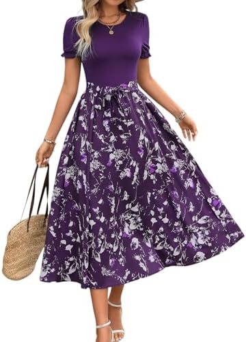 Women's Summer Dress 50s Vintage Casual Office Professional Elegant Work Crewneck A Line Midi Length Dresses with Belt 279, Purple Floral, S