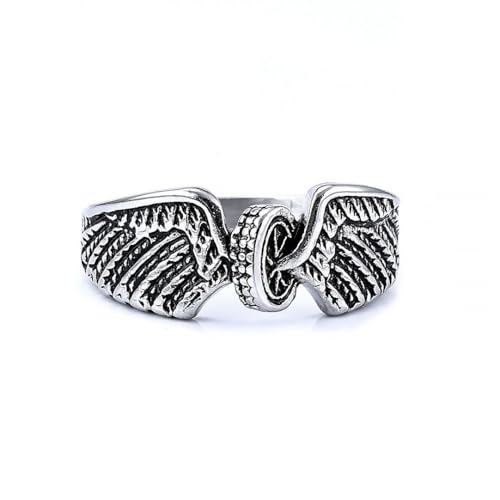 Hakfeeo Badass Motorcycle Ring for Men & Women - Stainless Steel Motorbike Wheel & Wing Design Biker Band Ring, Edgy Punk Rock Jewelry Bold Statement Gift