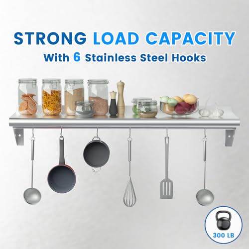 Treshin Stainless Steel Shelf with 6 Hooks 14 x 36 Inches, Commercial Wall Mount Floating Shelving Storage Pot Rack for Restaurant, Kitchen, Home, Bar and Hotel by Treshin - Image 3