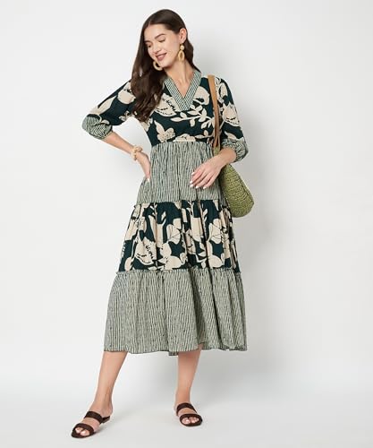 Image of PIDAVLIYA'S Women's Floral Summer Maxi Dress I Cotton Printed I One Piece Bodycon Midi Dress with V-Neck, Puffed Sleeves