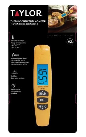 Taylor-Thermocouple Digital Folding Probe Thermometer, -40°F to 572°F, Yellow/Silver, NSF Listed, Model 9867FDA – Pack of 1