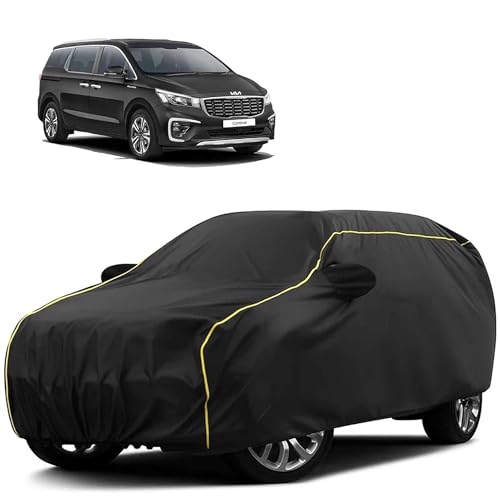 Image of Sulfar 100% Water Resistant Car Body Cover Compatible with Mirror for Kia Carnival (Triple Stitched, Full Bottom Elastic, Black Tafetta with Yellow Piping)