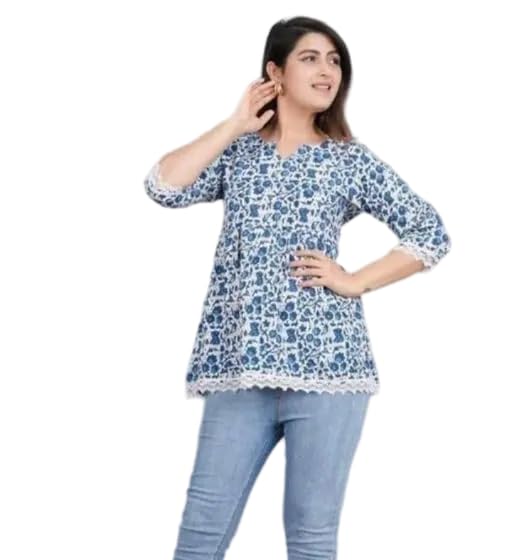 Women's Blue Printed Lace Sleeves and Hem Short Kurti-picture-26