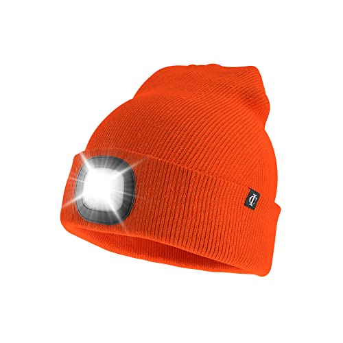 Image of Idyllicomfort Led Lighted Beanie Hat,USB Rechargeable Hands Free Headlamp Cap, Unisex Winter Warmer Knit Hat with Light for Hiking Biking Camping Jogging, Gift for Men, Women, Teens Orange