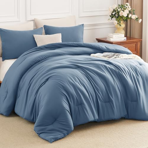 HIMEET Queen Comforter Set 3 Piece 270GSM Down Alternative Fill Oeko-TEX Certified Quilted with 8 Corner Ties All Season Bedroom Decor Bedding with 2 Pillowcases Grayish Blue
