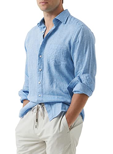 Renaowin Mens Shirts Long Sleeve Linen Cotton Casual Button Down Dress Shirts With Front Pocket Us 40(M) Sky Blue #TOP1