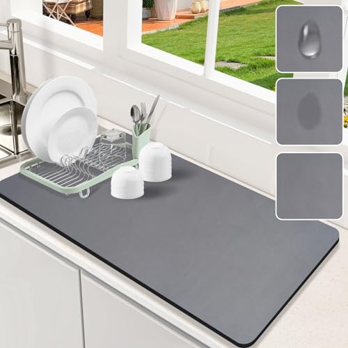 Image of Dish Drying Mat for Kitchen Counter, 17.7 inchx31.5 inch Dish Drying Pad with Non-slip Rubber Backed, Hide Stain Anti Absorbent for Kitchen Counter, Drying Mat for Coffee Machine Dish Rack (Grey)