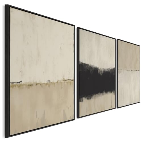 Wallfillers Neutral Wall Art for Living Room - Large Framed Set of 3 - Cream Black Abstract