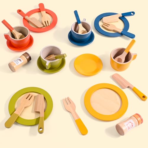 Juego de Cubiertos de Madera, Teklemon 26 Pcs Utensilios de Cocina de Juguete Pastel, Juego de Platos de Cocina, Cocinita Infantil, Cocina Juguete Regalos Creativos para Niñas 3 4 5 6 7 Años
