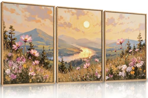 LHIUEM Large Boho Sunset Wildflower Framed Canvas Wall Art,Nature Pink Flower Wall Decor,Blossom Botanical Mountain Landscape Artwork for Living Room,Bedroom,Dining Room,Office -24"x36"x3