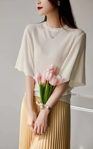 LAI MENG FIVE CATS Women's Summer Batwing Sleeve Round Neck Pullover Elegant Thin Knitted Sweater Shirt2