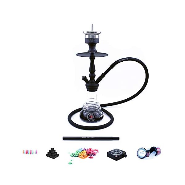 Shisha Set mit Shisha Amy Little Zuri II, Kohleanzünder, Naturkohle, Kaminkopf, Dampfsteine (R - Schwarz/Schwarz-Matt)