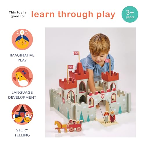 Mentari Toys - King’s Castle - Wooden Fortress Playset with 3 Towers, Drawbridge, Soldiers, Horse and Cart - Encourages Imaginative Play, Storytelling and Skill Development - Age 3+