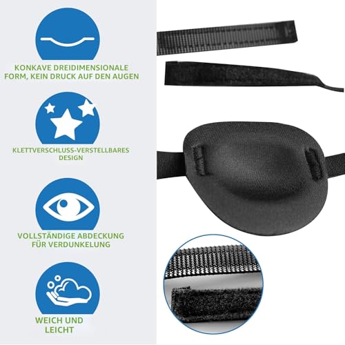 RIKEYO 2er-Pack Schwarze Medizinisch Augenklappen für Erwachsene und Kinder, 3D verstellbare Augenklappe für rechtes oder linkes Auge, Piratenkostüm augenklappe (2 Black)