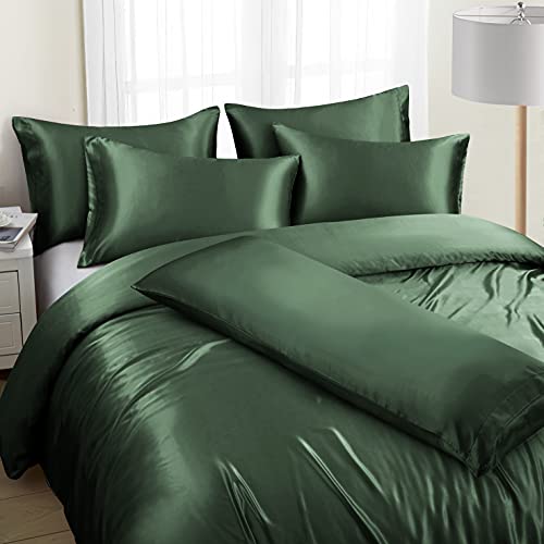 Image of Ersmak 6 Pieces Satin Duvet Cover King Size Luxury Silky Bedding Duvet Cover Set with 1 Soft Duvet Cover, 4 King Pillowcases and 1 Body Pillowcase, Emerald Green