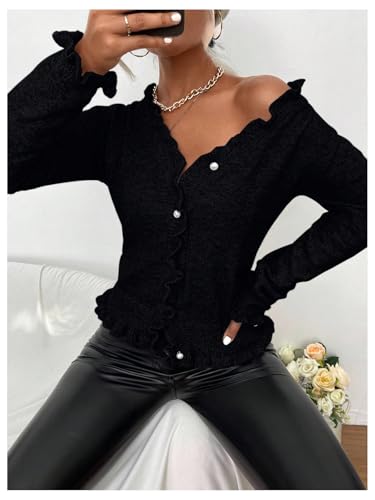 Image of Verdusa Women's Ruffle Trim V Neck Button Down Long Sleeve Knit Cardigan Sweater