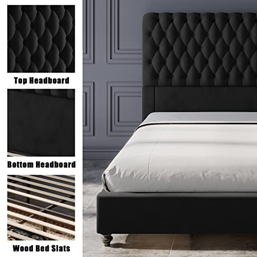 Papajet 52.8" High Upholstered Bed Frame King Size Platform Sleigh Bed With Deep Button Tufted Headboard/Easy Assembly/Black #TOP5